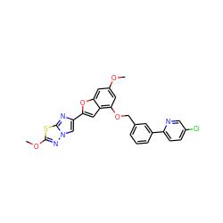 COc1cc(OCc2cccc(-c3ccc(Cl)cn3)c2)c2cc(-c3cn4nc(OC)sc4n3)oc2c1 ZINC000205663467