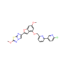 COc1cc(OCc2cccc(-c3ccc(Cl)nc3)n2)c2cc(-c3cn4nc(OC)sc4n3)oc2c1 ZINC000144522739