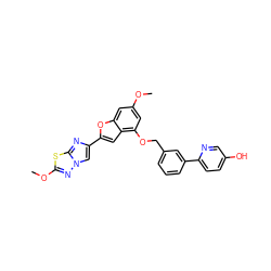 COc1cc(OCc2cccc(-c3ccc(O)cn3)c2)c2cc(-c3cn4nc(OC)sc4n3)oc2c1 ZINC000205721887