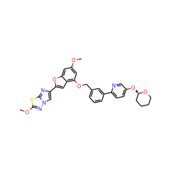 COc1cc(OCc2cccc(-c3ccc(O[C@@H]4CCCCO4)cn3)c2)c2cc(-c3cn4nc(OC)sc4n3)oc2c1 ZINC000205721818