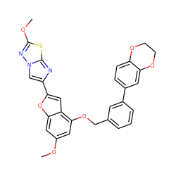 COc1cc(OCc2cccc(-c3ccc4c(c3)OCCO4)c2)c2cc(-c3cn4nc(OC)sc4n3)oc2c1 ZINC000205762879