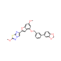 COc1cc(OCc2cccc(-c3ccc4c(c3)OCO4)c2)c2cc(-c3cn4nc(OC)sc4n3)oc2c1 ZINC000205755861