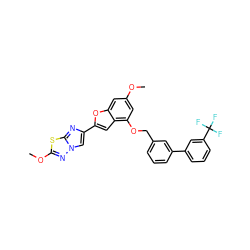 COc1cc(OCc2cccc(-c3cccc(C(F)(F)F)c3)c2)c2cc(-c3cn4nc(OC)sc4n3)oc2c1 ZINC000144515417