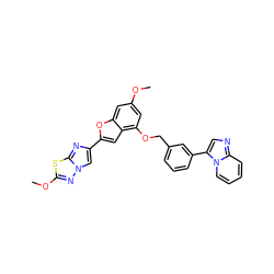 COc1cc(OCc2cccc(-c3cnc4ccccn34)c2)c2cc(-c3cn4nc(OC)sc4n3)oc2c1 ZINC000205755934