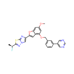 COc1cc(OCc2cccc(-c3cncnc3)c2)c2cc(-c3cn4nc([C@H](C)F)sc4n3)oc2c1 ZINC000144516657