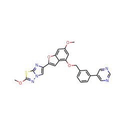 COc1cc(OCc2cccc(-c3cncnc3)c2)c2cc(-c3cn4nc(OC)sc4n3)oc2c1 ZINC000205743632