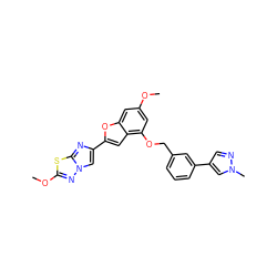 COc1cc(OCc2cccc(-c3cnn(C)c3)c2)c2cc(-c3cn4nc(OC)sc4n3)oc2c1 ZINC000205749539