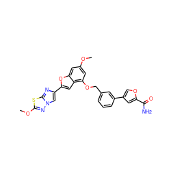 COc1cc(OCc2cccc(-c3coc(C(N)=O)c3)c2)c2cc(-c3cn4nc(OC)sc4n3)oc2c1 ZINC000205670052