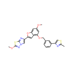 COc1cc(OCc2cccc(-c3csc(C)n3)c2)c2cc(-c3cn4nc(OC)sc4n3)oc2c1 ZINC000205749518