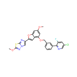 COc1cc(OCc2cccc(-c3ncc(Cl)cc3F)c2)c2cc(-c3cn4nc(OC)sc4n3)oc2c1 ZINC000144521925