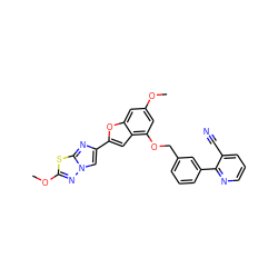 COc1cc(OCc2cccc(-c3ncccc3C#N)c2)c2cc(-c3cn4nc(OC)sc4n3)oc2c1 ZINC000653683844