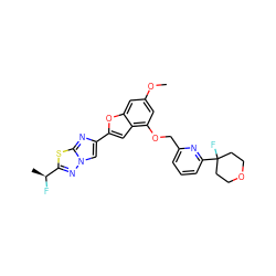 COc1cc(OCc2cccc(C3(F)CCOCC3)n2)c2cc(-c3cn4nc([C@H](C)F)sc4n3)oc2c1 ZINC000144517079