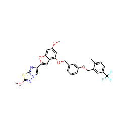 COc1cc(OCc2cccc(OCc3cc(C(F)(F)F)ccc3C)c2)c2cc(-c3cn4nc(OC)sc4n3)oc2c1 ZINC000653673707