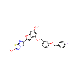 COc1cc(OCc2cccc(OCc3ccc(I)cc3)c2)c2cc(-c3cn4nc(OC)sc4n3)oc2c1 ZINC000653668913