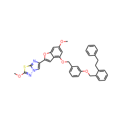 COc1cc(OCc2cccc(OCc3ccccc3CCc3ccccc3)c2)c2cc(-c3cn4nc(OC)sc4n3)oc2c1 ZINC000653668898