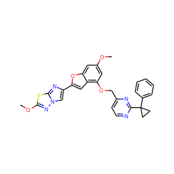 COc1cc(OCc2ccnc(C3(c4ccccc4)CC3)n2)c2cc(-c3cn4nc(OC)sc4n3)oc2c1 ZINC000205743797