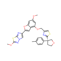 COc1cc(OCc2csc([C@@]3(c4ccc(C)cc4)CCOC3)n2)c2cc(-c3cn4nc(OC)sc4n3)oc2c1 ZINC000223012856