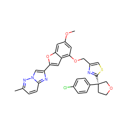 COc1cc(OCc2csc([C@@]3(c4ccc(Cl)cc4)CCOC3)n2)c2cc(-c3cn4nc(C)ccc4n3)oc2c1 ZINC000653684265