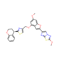 COc1cc(OCc2csc([C@@H]3CCOc4ccccc43)n2)c2cc(-c3cn4nc(OC)sc4n3)oc2c1 ZINC000223023595