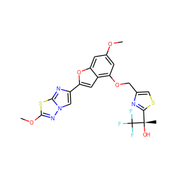 COc1cc(OCc2csc([C@](C)(O)C(F)(F)F)n2)c2cc(-c3cn4nc(OC)sc4n3)oc2c1 ZINC000653679909