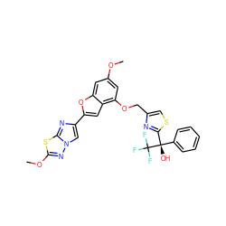 COc1cc(OCc2csc([C@](O)(c3ccccc3)C(F)(F)F)n2)c2cc(-c3cn4nc(OC)sc4n3)oc2c1 ZINC000653661729