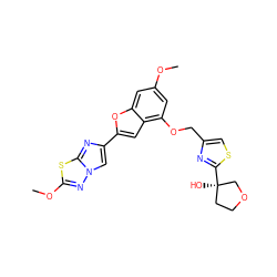 COc1cc(OCc2csc([C@]3(O)CCOC3)n2)c2cc(-c3cn4nc(OC)sc4n3)oc2c1 ZINC000205737266