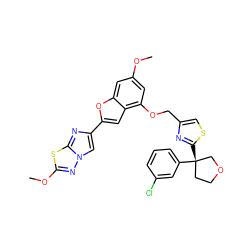 COc1cc(OCc2csc([C@]3(c4cccc(Cl)c4)CCOC3)n2)c2cc(-c3cn4nc(OC)sc4n3)oc2c1 ZINC000223000271