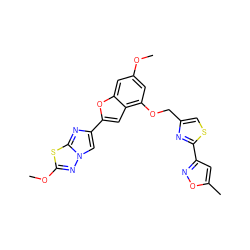 COc1cc(OCc2csc(-c3cc(C)on3)n2)c2cc(-c3cn4nc(OC)sc4n3)oc2c1 ZINC000143128575