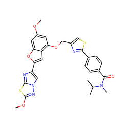 COc1cc(OCc2csc(-c3ccc(C(=O)N(C)C(C)C)cc3)n2)c2cc(-c3cn4nc(OC)sc4n3)oc2c1 ZINC000653667436