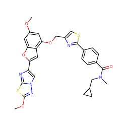 COc1cc(OCc2csc(-c3ccc(C(=O)N(C)CC4CC4)cc3)n2)c2cc(-c3cn4nc(OC)sc4n3)oc2c1 ZINC000653665415