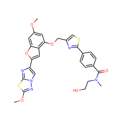 COc1cc(OCc2csc(-c3ccc(C(=O)N(C)CCO)cc3)n2)c2cc(-c3cn4nc(OC)sc4n3)oc2c1 ZINC000653677683