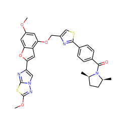 COc1cc(OCc2csc(-c3ccc(C(=O)N4[C@@H](C)CC[C@H]4C)cc3)n2)c2cc(-c3cn4nc(OC)sc4n3)oc2c1 ZINC000653679903