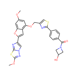 COc1cc(OCc2csc(-c3ccc(C(=O)N4CC(O)C4)cc3)n2)c2cc(-c3cn4nc(OC)sc4n3)oc2c1 ZINC000653685721