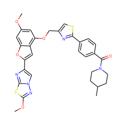 COc1cc(OCc2csc(-c3ccc(C(=O)N4CCC(C)CC4)cc3)n2)c2cc(-c3cn4nc(OC)sc4n3)oc2c1 ZINC000653670669