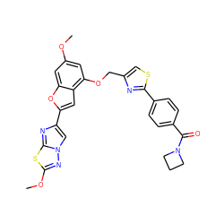 COc1cc(OCc2csc(-c3ccc(C(=O)N4CCC4)cc3)n2)c2cc(-c3cn4nc(OC)sc4n3)oc2c1 ZINC000653685718