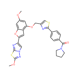 COc1cc(OCc2csc(-c3ccc(C(=O)N4CCCC4)cc3)n2)c2cc(-c3cn4nc(OC)sc4n3)oc2c1 ZINC000143201568