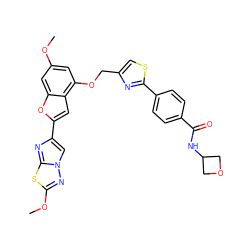 COc1cc(OCc2csc(-c3ccc(C(=O)NC4COC4)cc3)n2)c2cc(-c3cn4nc(OC)sc4n3)oc2c1 ZINC000653682143