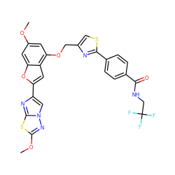 COc1cc(OCc2csc(-c3ccc(C(=O)NCC(F)(F)F)cc3)n2)c2cc(-c3cn4nc(OC)sc4n3)oc2c1 ZINC000653670657
