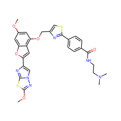 COc1cc(OCc2csc(-c3ccc(C(=O)NCCN(C)C)cc3)n2)c2cc(-c3cn4nc(OC)sc4n3)oc2c1 ZINC000653667446