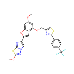 COc1cc(OCc2csc(-c3ccc(C(F)(F)F)cc3)n2)c2cc(-c3cn4nc(OC)sc4n3)oc2c1 ZINC000143144369