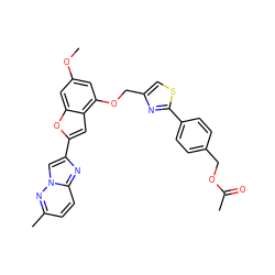 COc1cc(OCc2csc(-c3ccc(COC(C)=O)cc3)n2)c2cc(-c3cn4nc(C)ccc4n3)oc2c1 ZINC000653669355