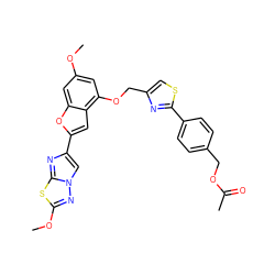 COc1cc(OCc2csc(-c3ccc(COC(C)=O)cc3)n2)c2cc(-c3cn4nc(OC)sc4n3)oc2c1 ZINC000653680407