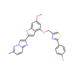 COc1cc(OCc2csc(-c3ccc(Cl)cc3)n2)c2cc(-c3cn4nc(C)ccc4n3)oc2c1 ZINC000223000169