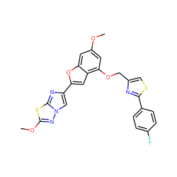 COc1cc(OCc2csc(-c3ccc(F)cc3)n2)c2cc(-c3cn4nc(OC)sc4n3)oc2c1 ZINC000143129736