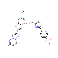 COc1cc(OCc2csc(-c3ccc(S(C)(=O)=O)cc3)n2)c2cc(-c3cn4nc(C)ccc4n3)oc2c1 ZINC000653667288