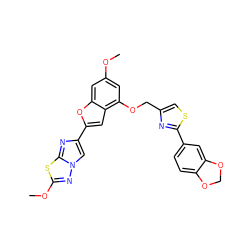 COc1cc(OCc2csc(-c3ccc4c(c3)OCO4)n2)c2cc(-c3cn4nc(OC)sc4n3)oc2c1 ZINC000653666147