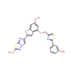 COc1cc(OCc2csc(-c3cccc(O)c3)n2)c2cc(-c3cn4nc(OC)sc4n3)oc2c1 ZINC000653662269