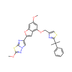 COc1cc(OCc2csc(C(C)(C)c3ccccc3)n2)c2cc(-c3cn4nc(OC)sc4n3)oc2c1 ZINC000223023980