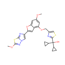 COc1cc(OCc2csc(C(O)(C3CC3)C3CC3)n2)c2cc(-c3cn4nc(OC)sc4n3)oc2c1 ZINC000653670658