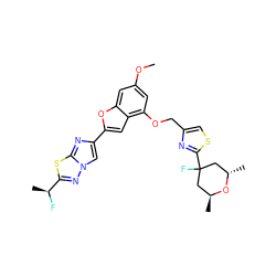 COc1cc(OCc2csc(C3(F)C[C@H](C)O[C@@H](C)C3)n2)c2cc(-c3cn4nc([C@H](C)F)sc4n3)oc2c1 ZINC000143364780